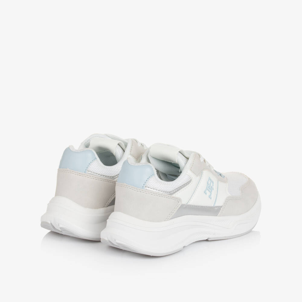 Tommy Hilfiger-Girls White & Grey Laced Trainers with Blue Trim | Childrensalon Outlet