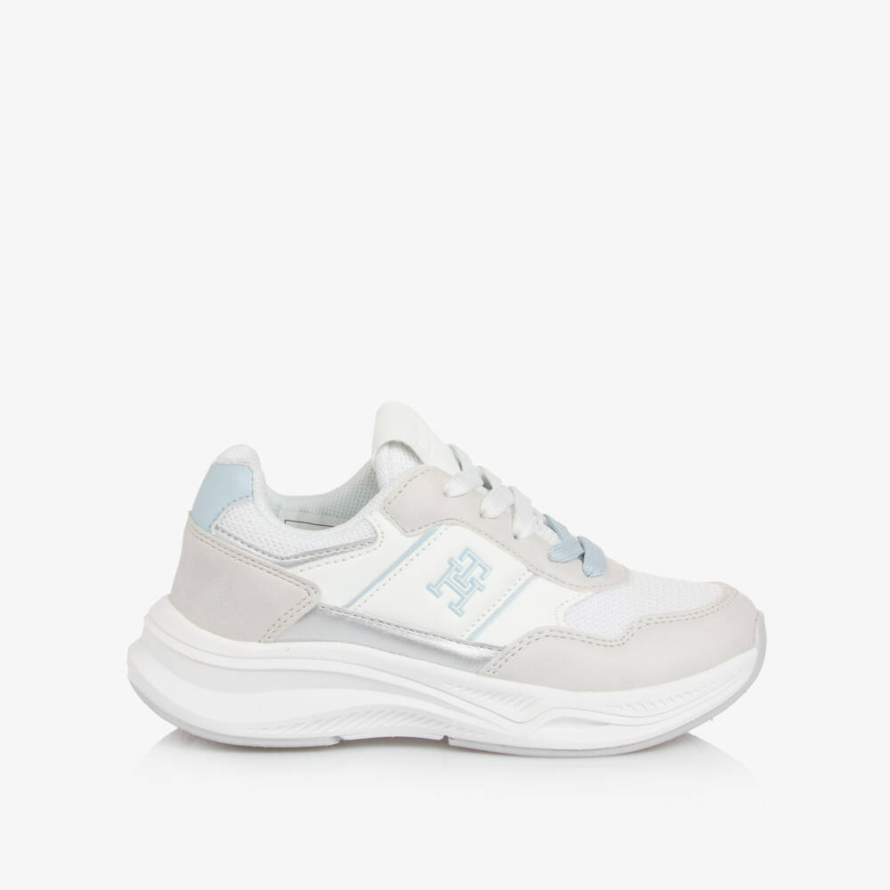 Tommy Hilfiger-Girls White & Grey Laced Trainers with Blue Trim | Childrensalon Outlet