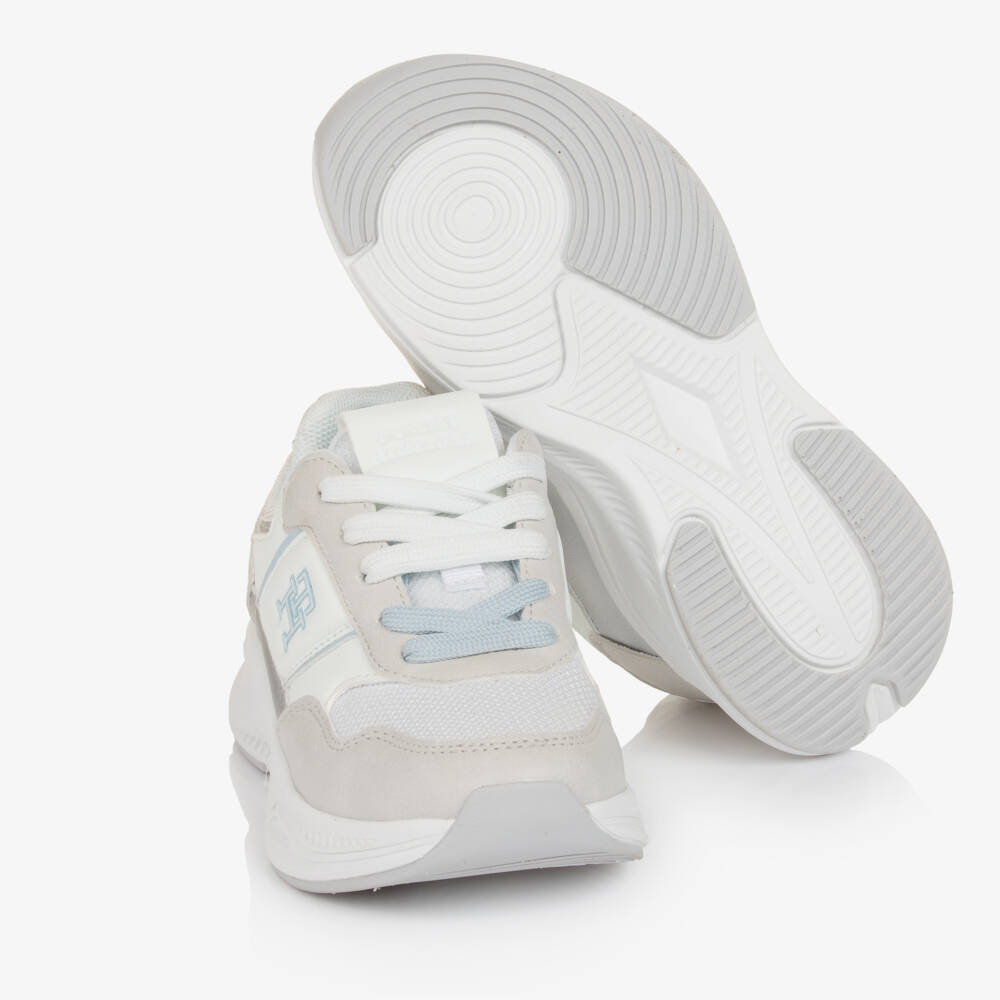 Tommy Hilfiger-Girls White & Grey Laced Trainers with Blue Trim | Childrensalon Outlet