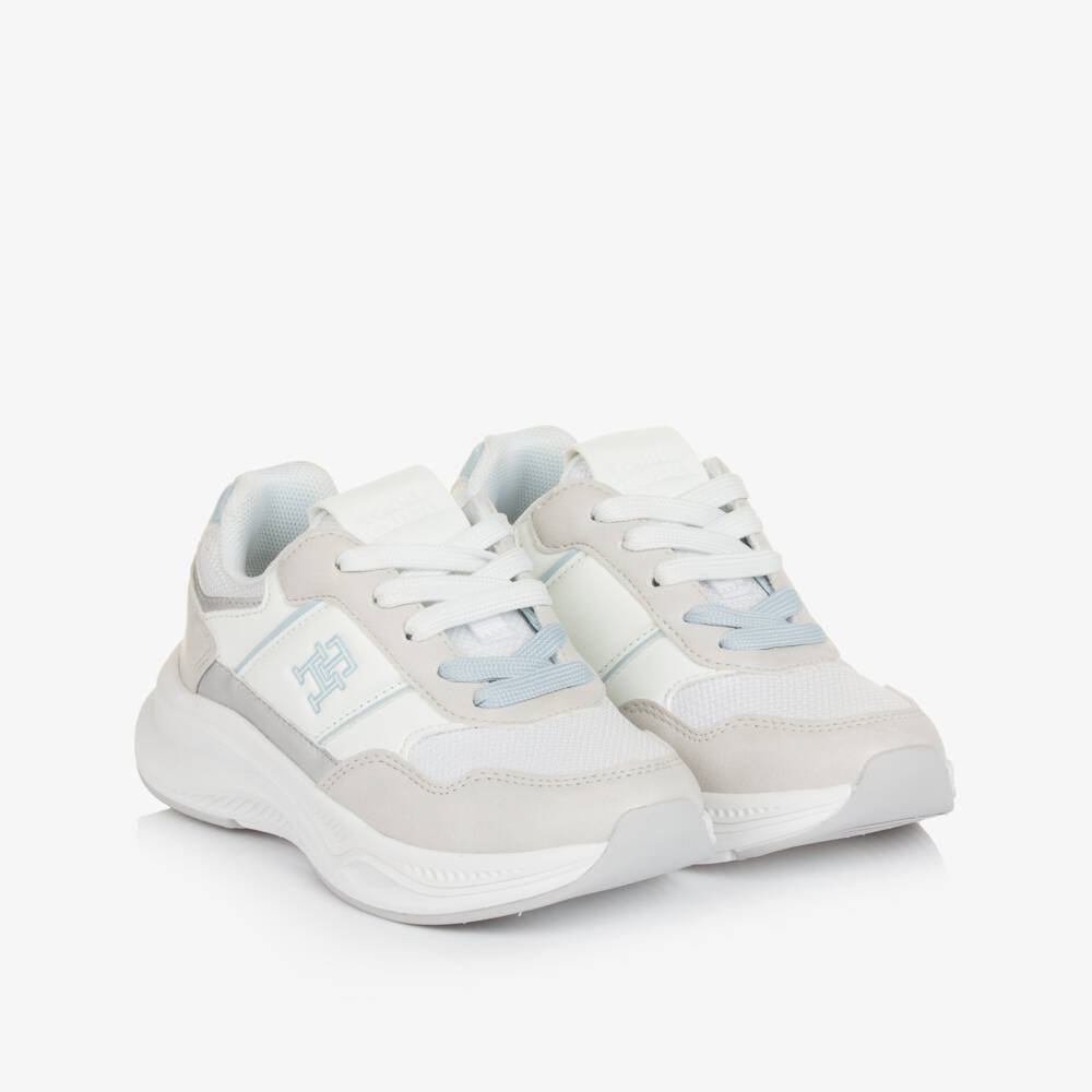 Tommy Hilfiger-Girls White & Grey Laced Trainers with Blue Trim | Childrensalon Outlet
