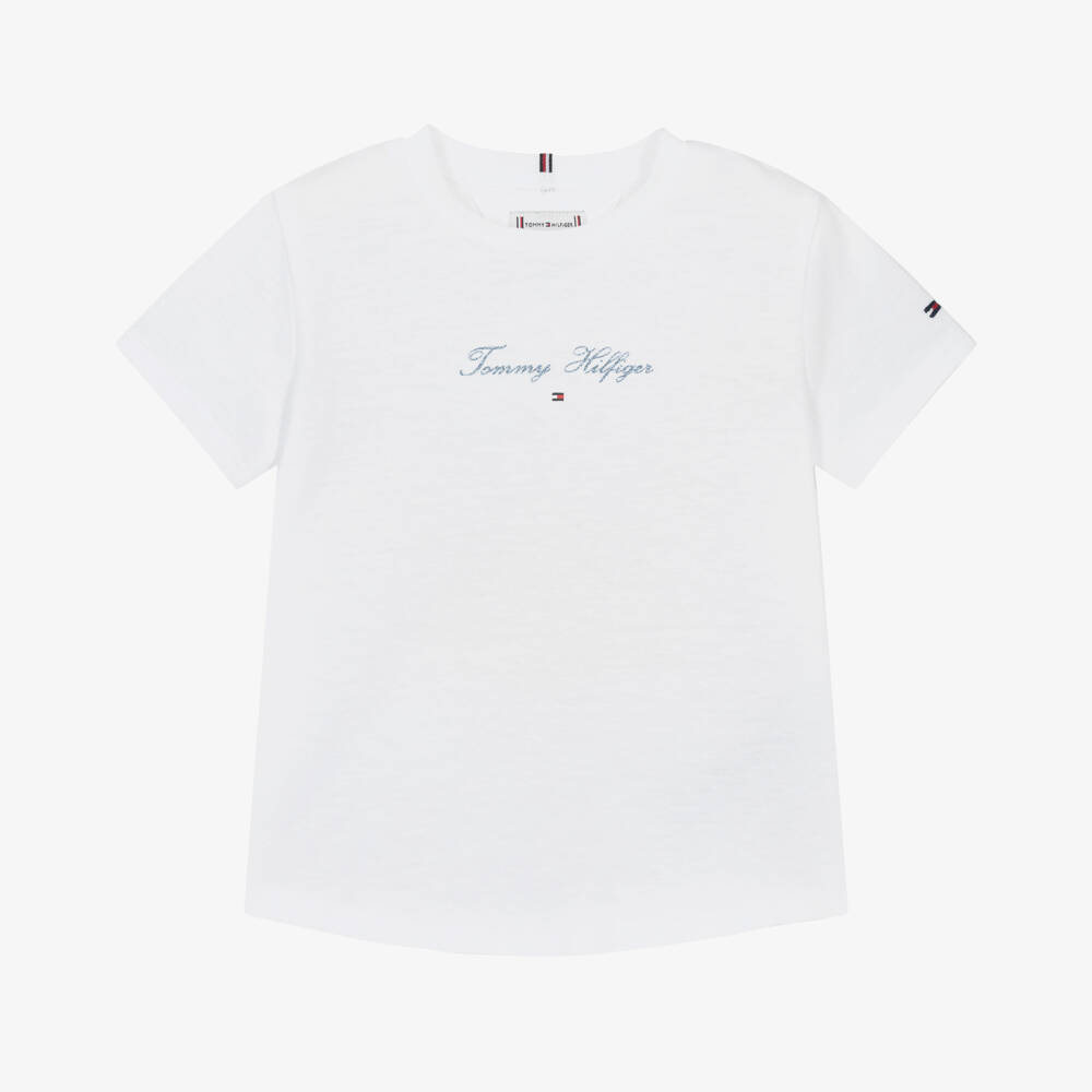 Tommy Hilfiger-Girls White Jersey Script Tee | Childrensalon Outlet