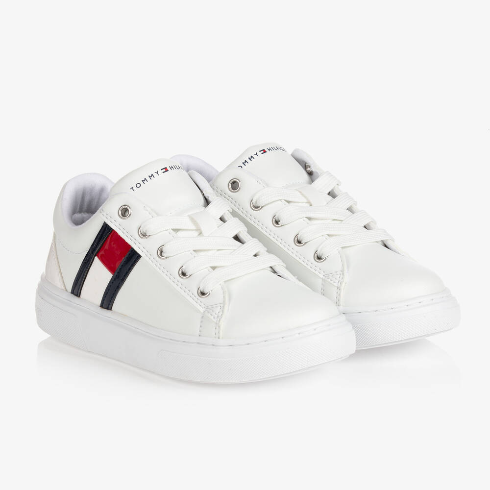 Tommy Hilfiger - Girls White Lace-Up Trainers | Childrensalon