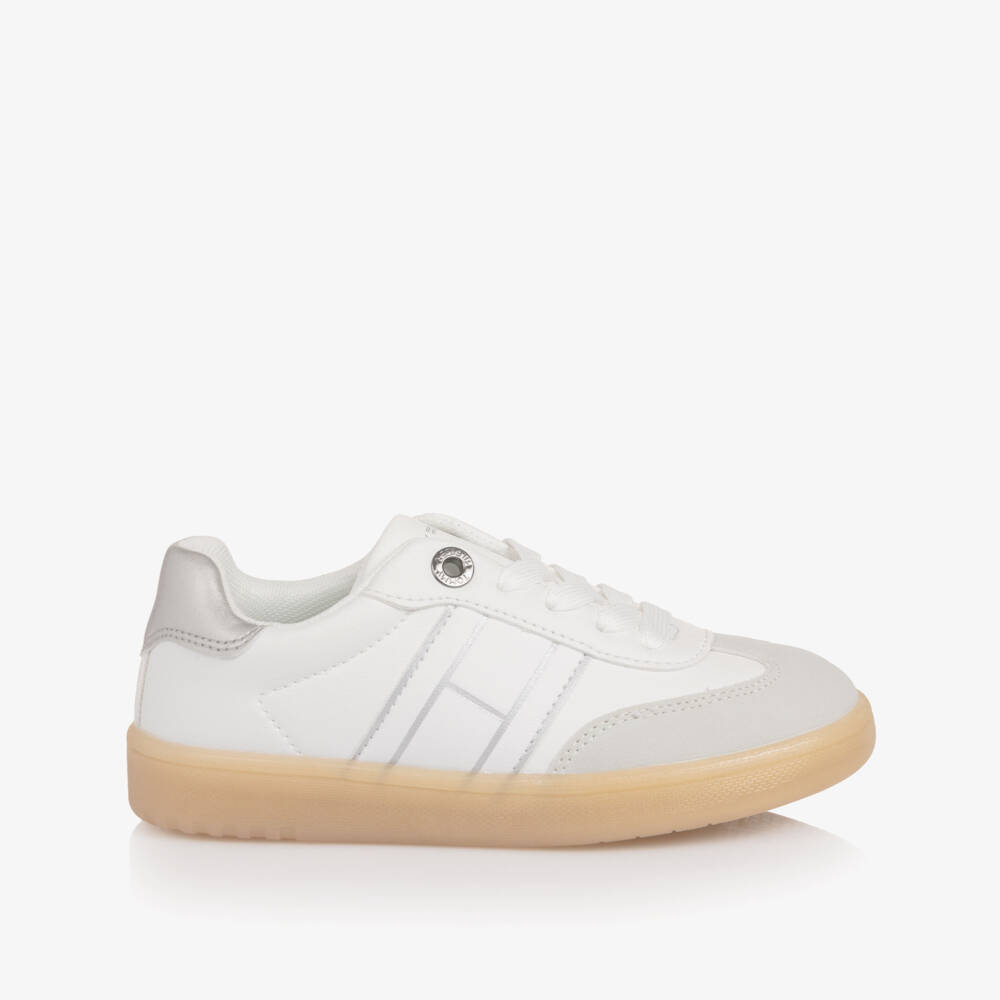 Tommy Hilfiger-Girls White Lace-Up Trainers with Silver Trim | Childrensalon Outlet