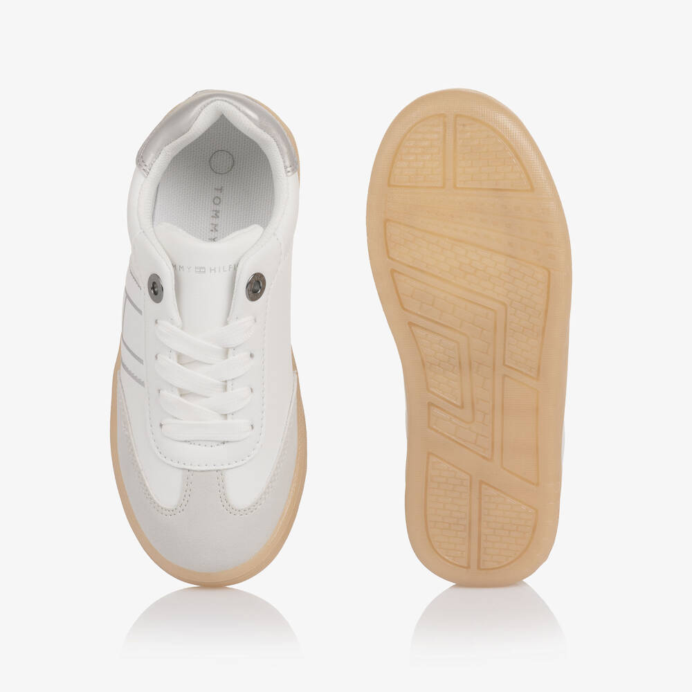 Tommy Hilfiger-Girls White Lace-Up Trainers with Silver Trim | Childrensalon Outlet