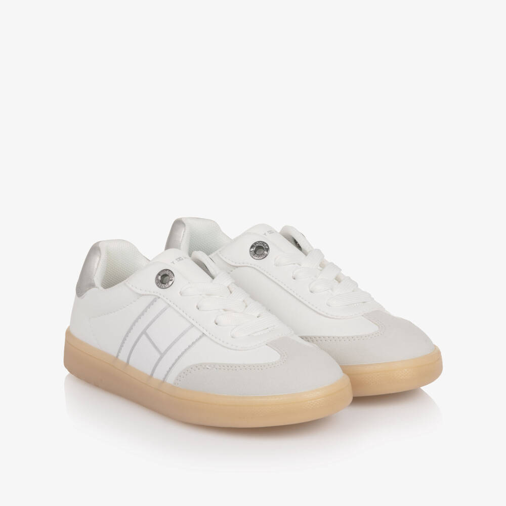 Tommy Hilfiger-Girls White Lace-Up Trainers with Silver Trim | Childrensalon Outlet