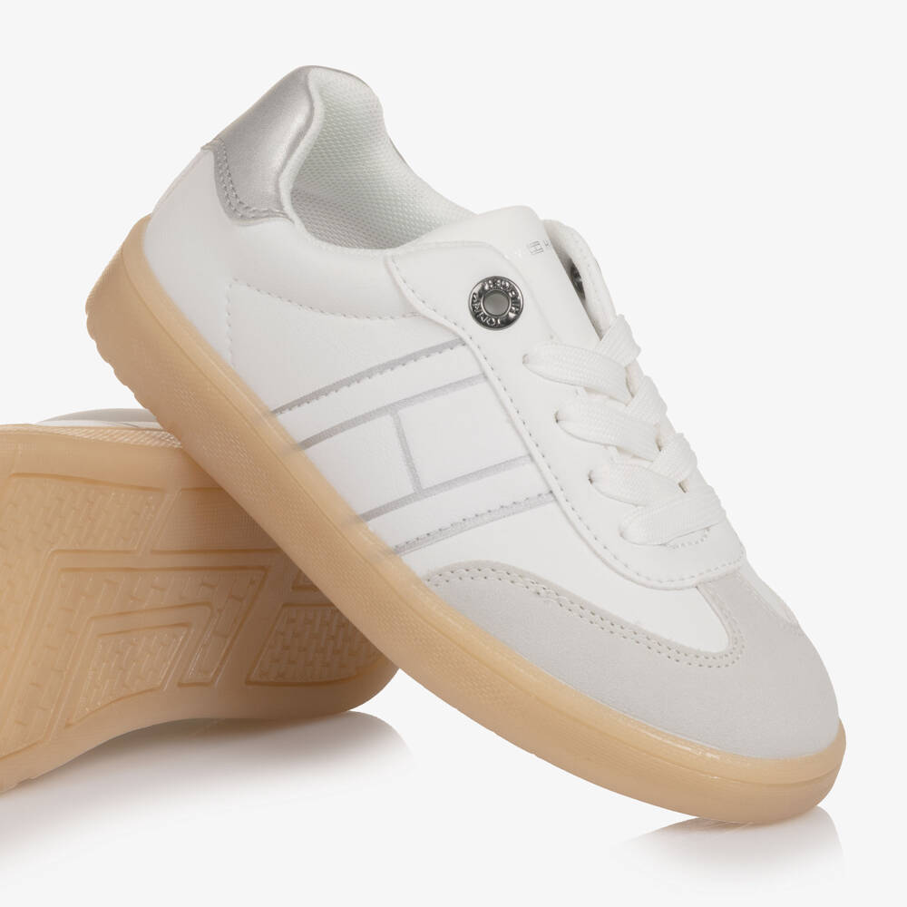 Tommy Hilfiger-Girls White Lace-Up Trainers with Silver Trim | Childrensalon Outlet