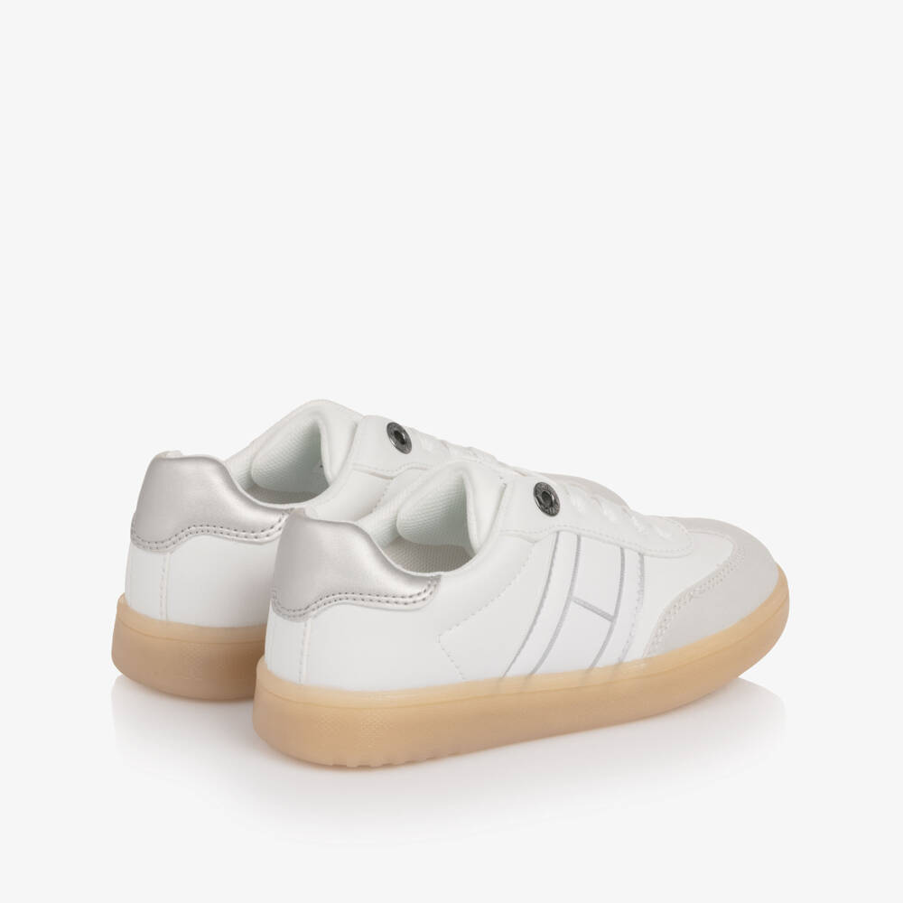 Tommy Hilfiger-Girls White Lace-Up Trainers with Silver Trim | Childrensalon Outlet