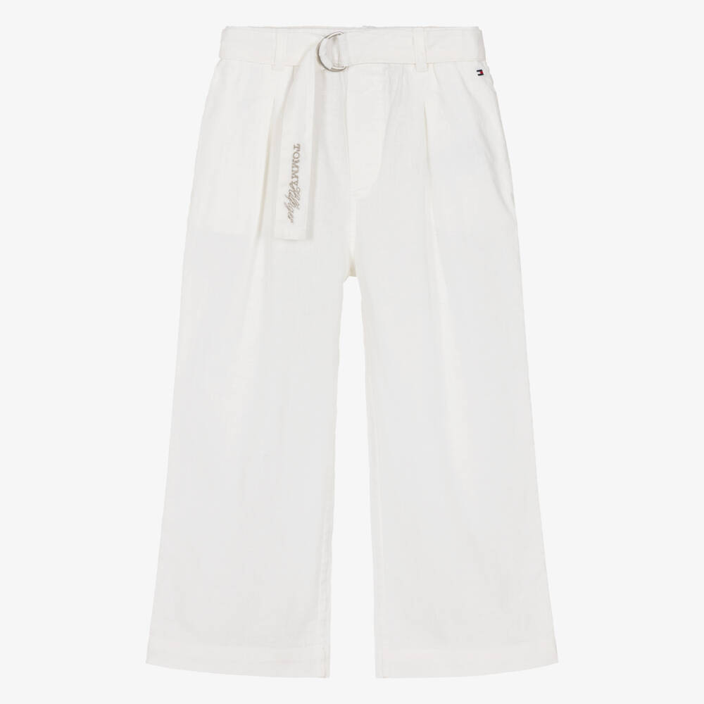 Tommy Hilfiger-Girls White Linen & Cotton Belted Trousers | Childrensalon Outlet