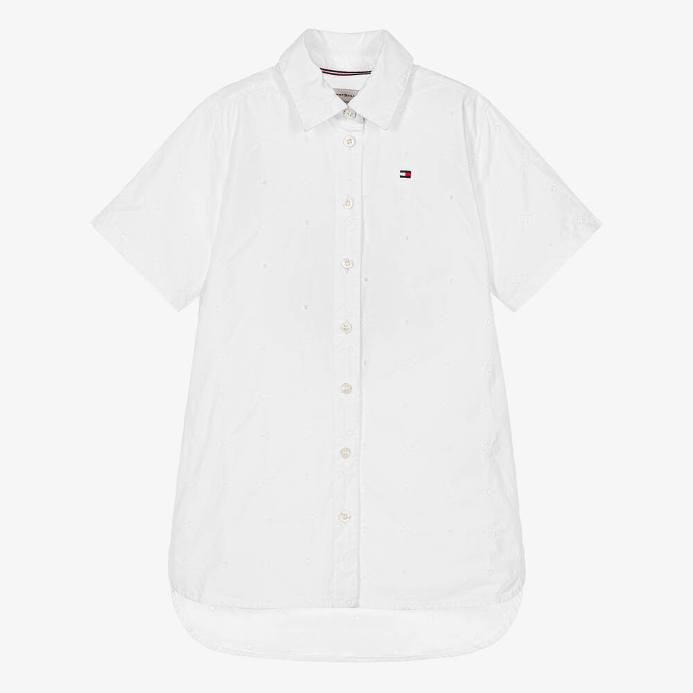 Tommy Hilfiger - Girls White Logo Embroidery Shirt Dress | Childrensalon