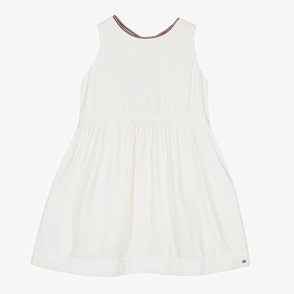 Tommy Hilfiger - Girls White Logo Lace Trim Dress | Childrensalon
