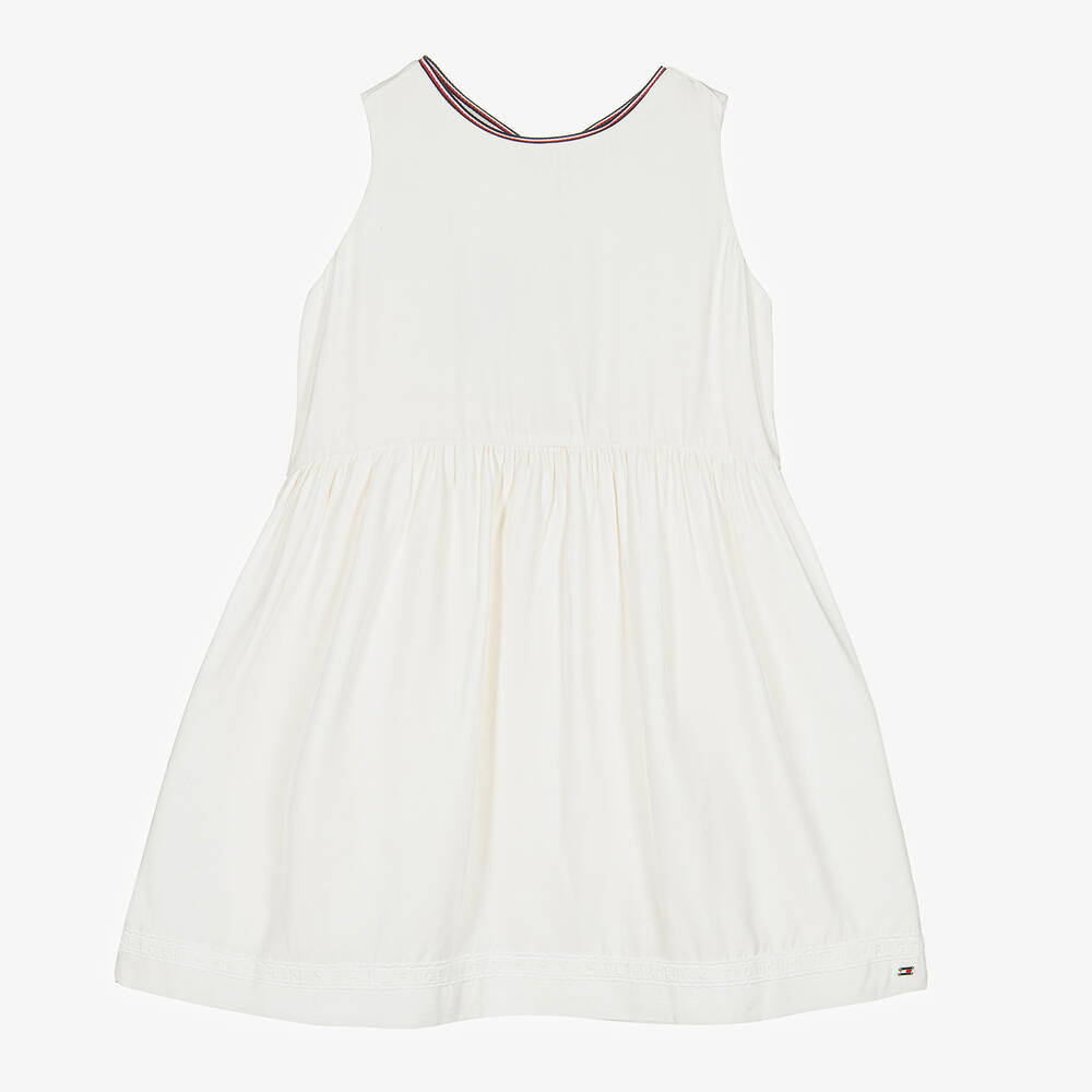 Tommy Hilfiger-Girls White Logo Lace Trim Dress | Childrensalon Outlet