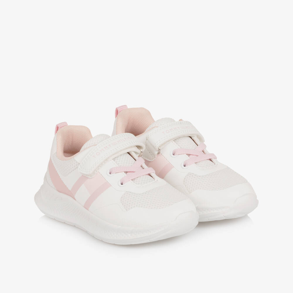 Tommy Hilfiger-Girls White & Pink Trainers with Faux Leather Trims | Childrensalon Outlet