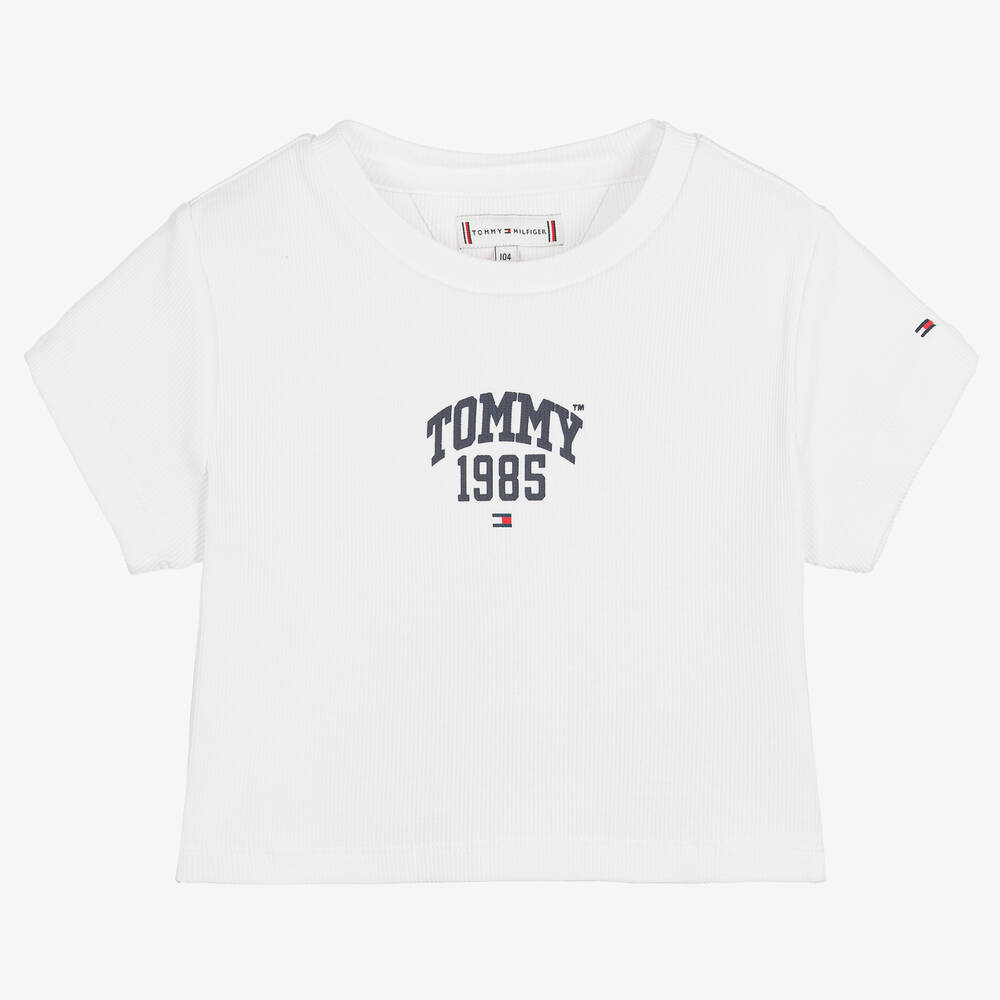 Tommy Hilfiger - Girls White Ribbed Cotton Logo T-Shirt | Childrensalon