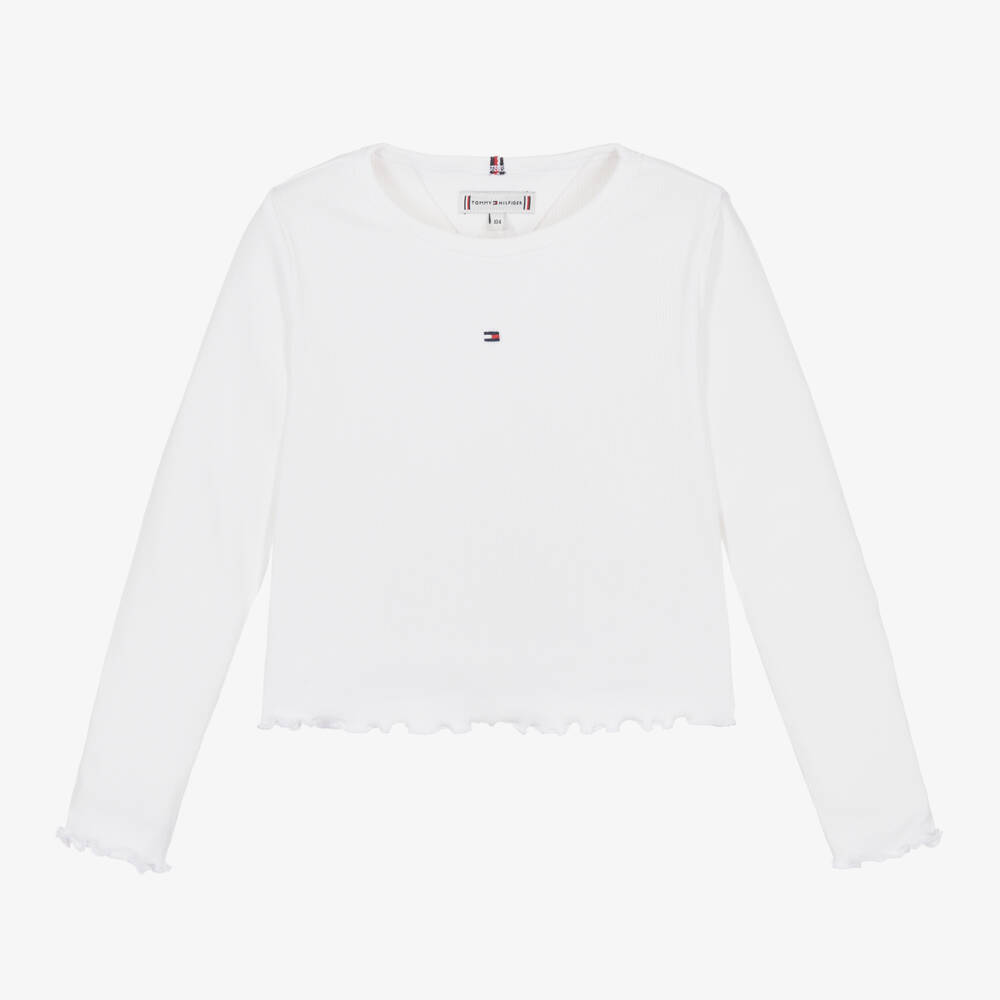 Tommy Hilfiger-Girls White Ribbed Long Sleeve Top | Childrensalon Outlet