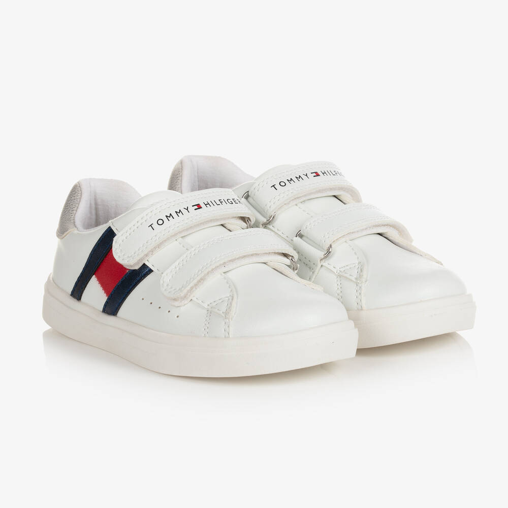 Tommy Hilfiger - Girls White & Silver Logo Trainers | Childrensalon