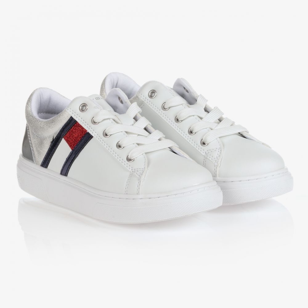 Tommy Hilfiger - Girls White & Silver Trainers | Childrensalon