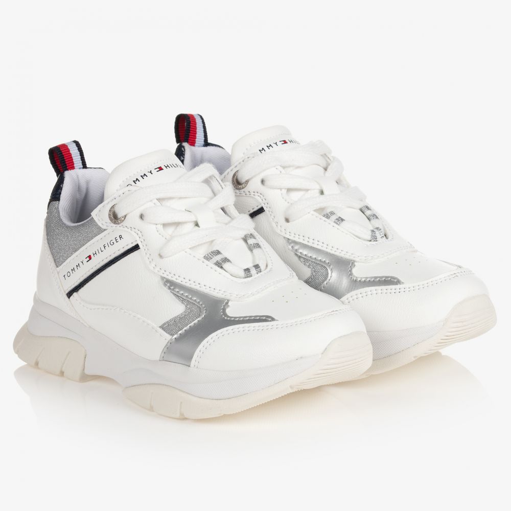 Tommy Hilfiger - Girls White & Silver Trainers | Childrensalon