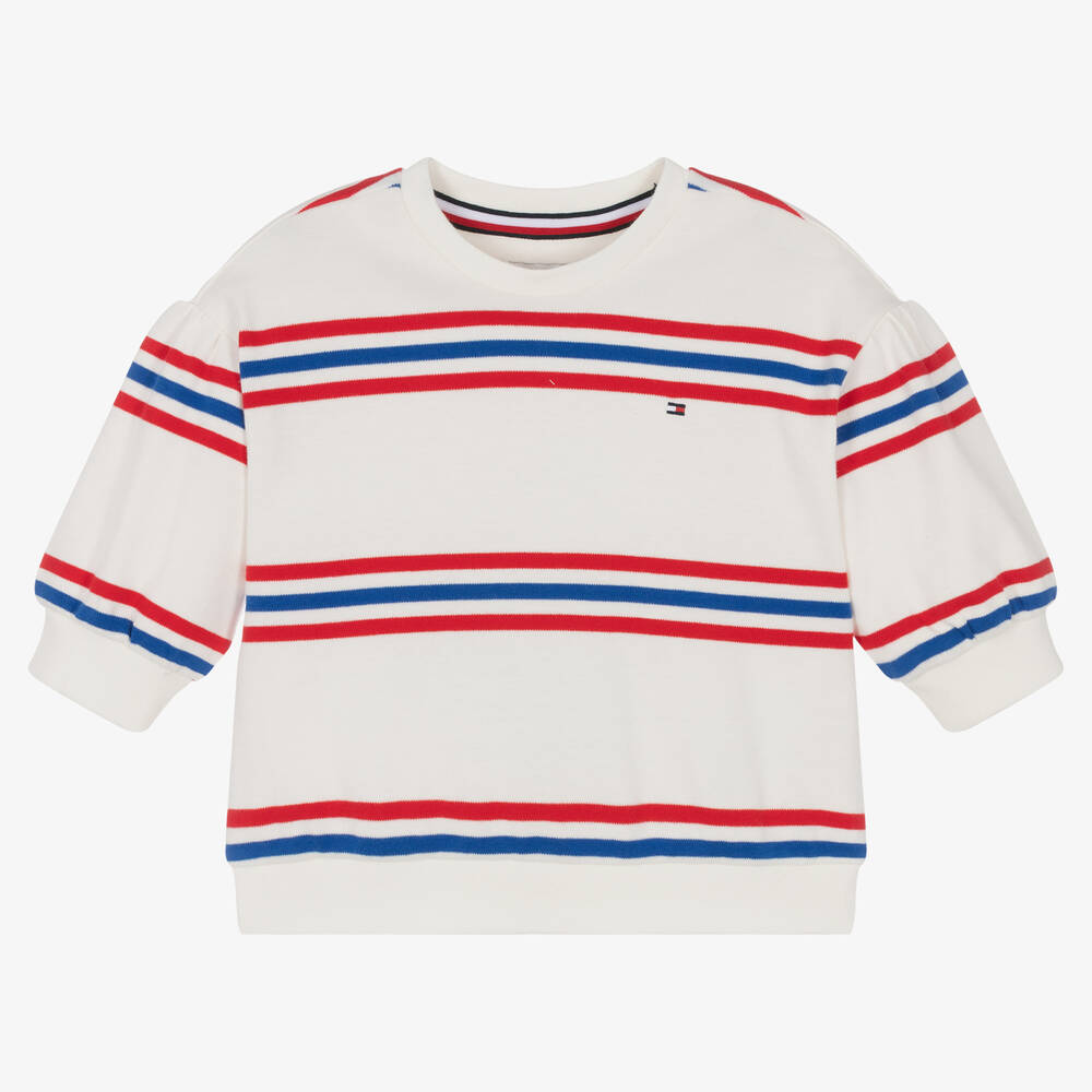 Tommy Hilfiger - Girls White Striped Cotton Sweatshirt | Childrensalon