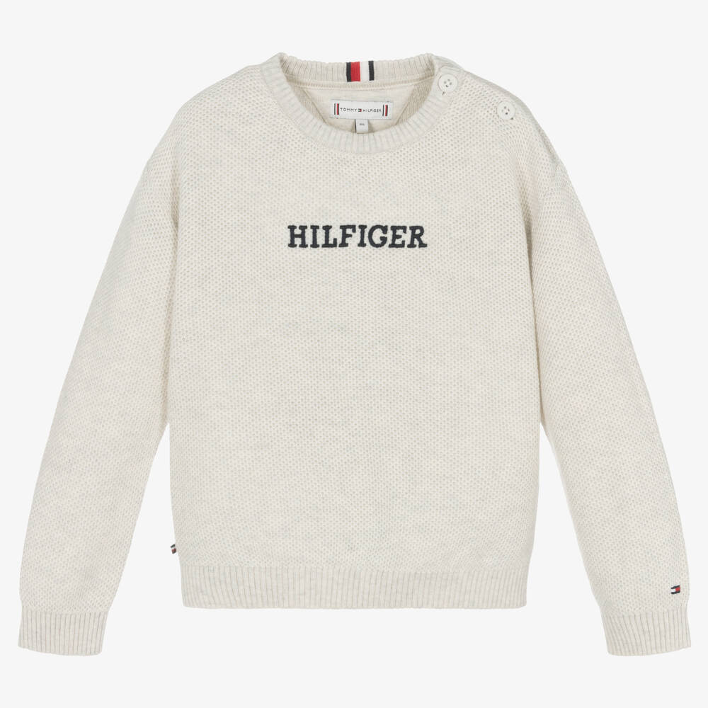 Tommy Hilfiger - Pull gris en maille de coton Bébé | Childrensalon