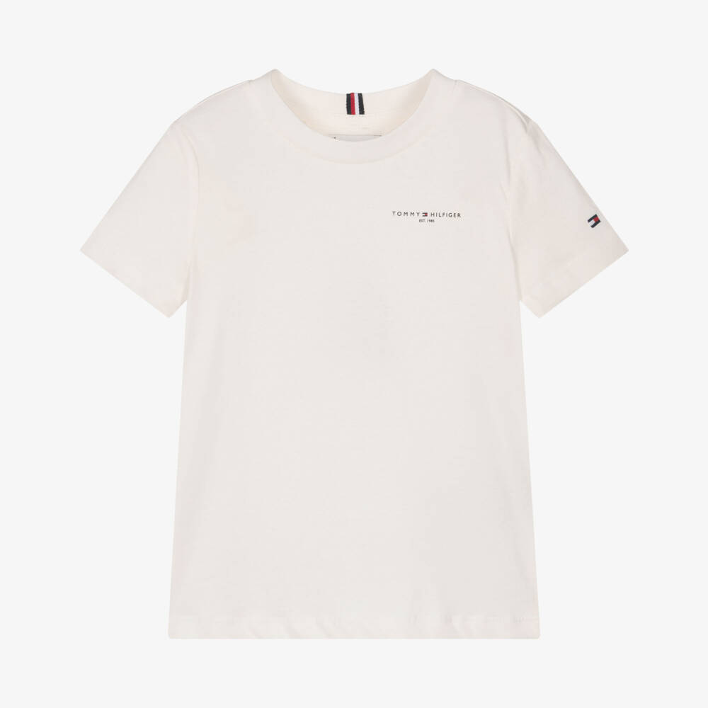 Tommy Hilfiger-Ivory Cotton T-Shirt with Mini Logo | Childrensalon Outlet