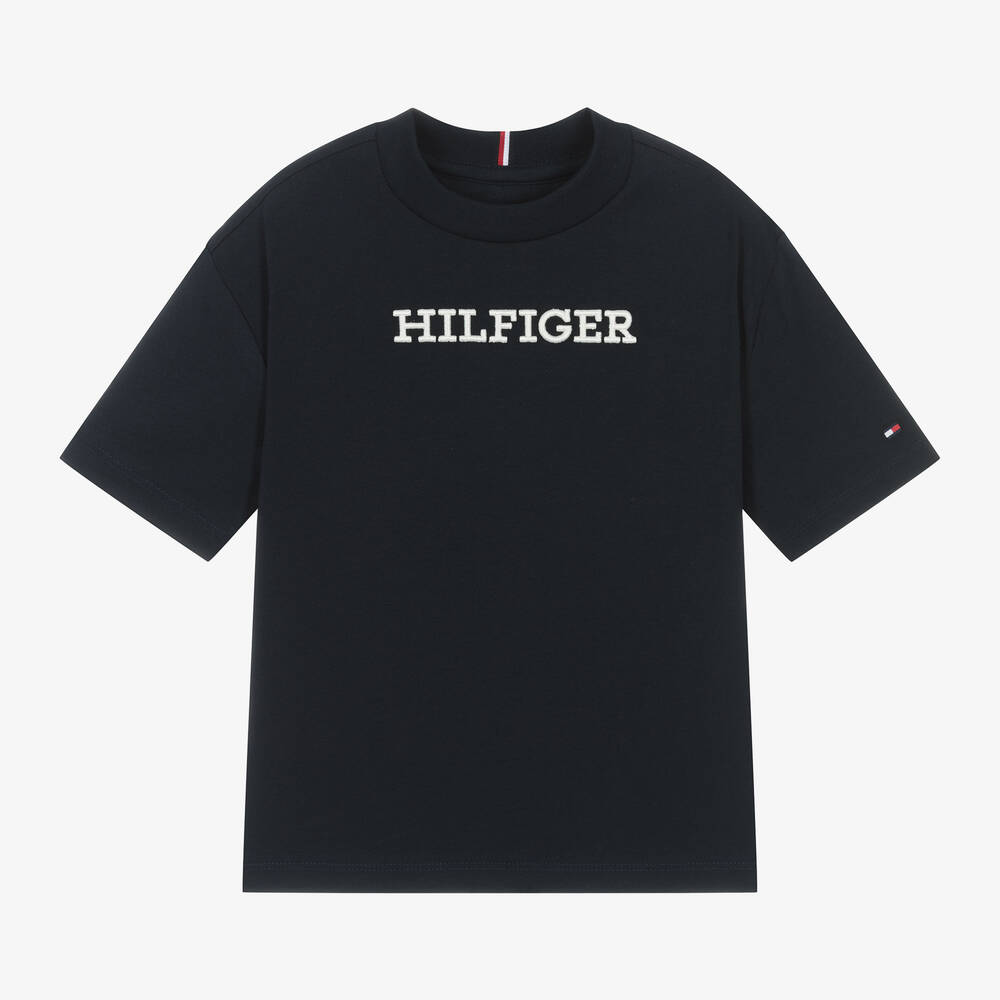 Tommy Hilfiger-Navy Blue Embroidered Cotton T-Shirt | Childrensalon Outlet