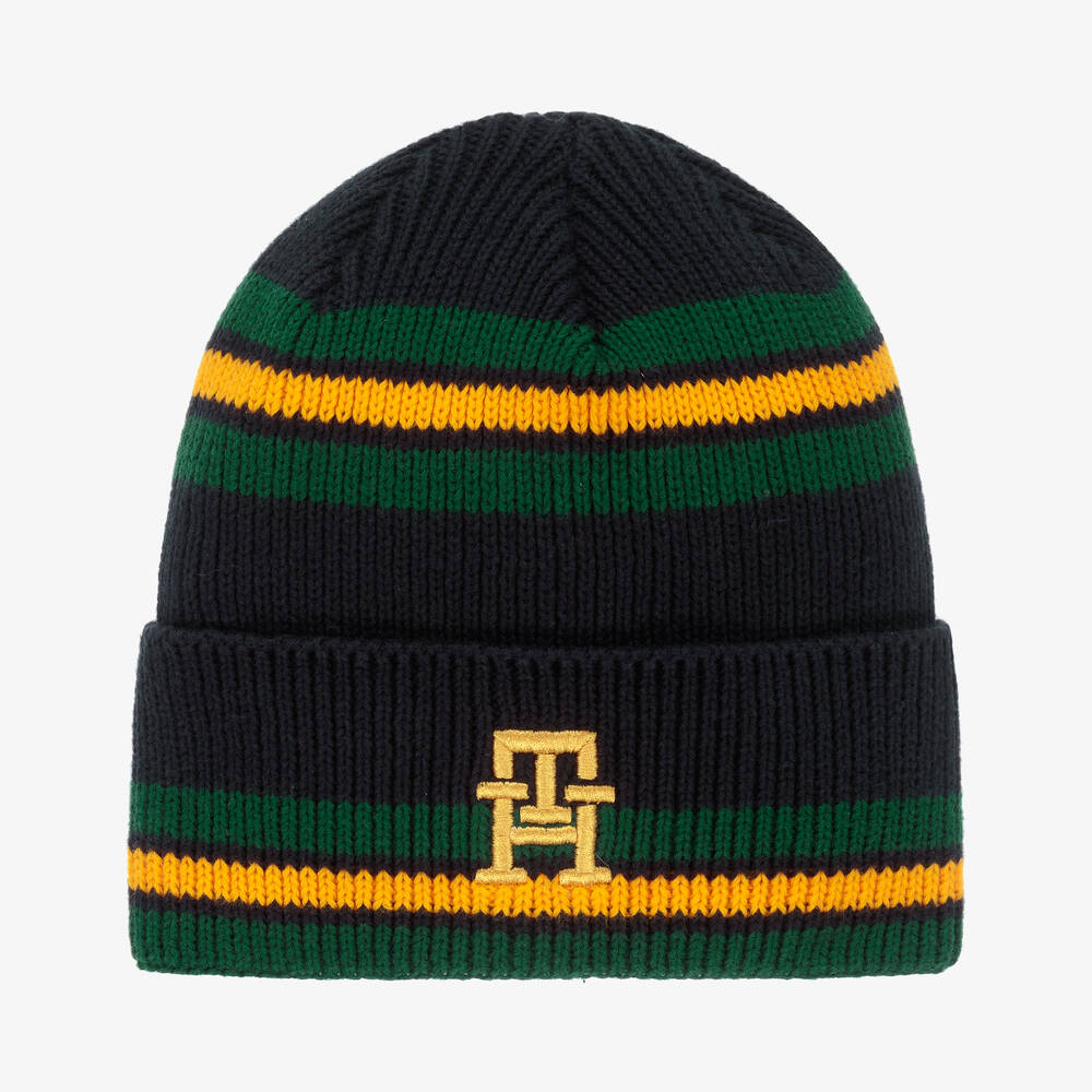 Tommy Hilfiger - Navy Blue & Green Striped Logo Beanie | Childrensalon