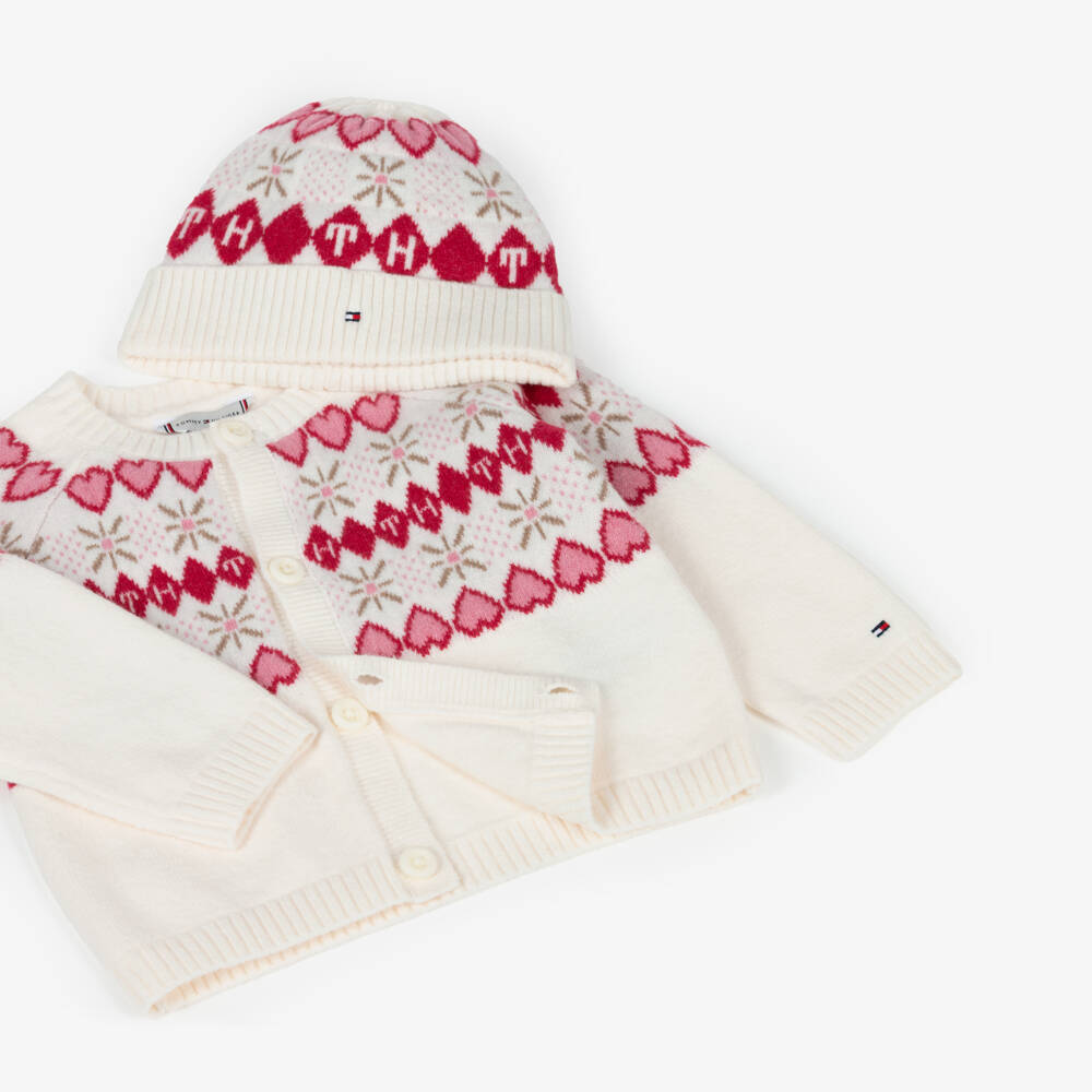 Tommy Hilfiger-Pink And White Knit Caridgan And Hat Set | Childrensalon Outlet