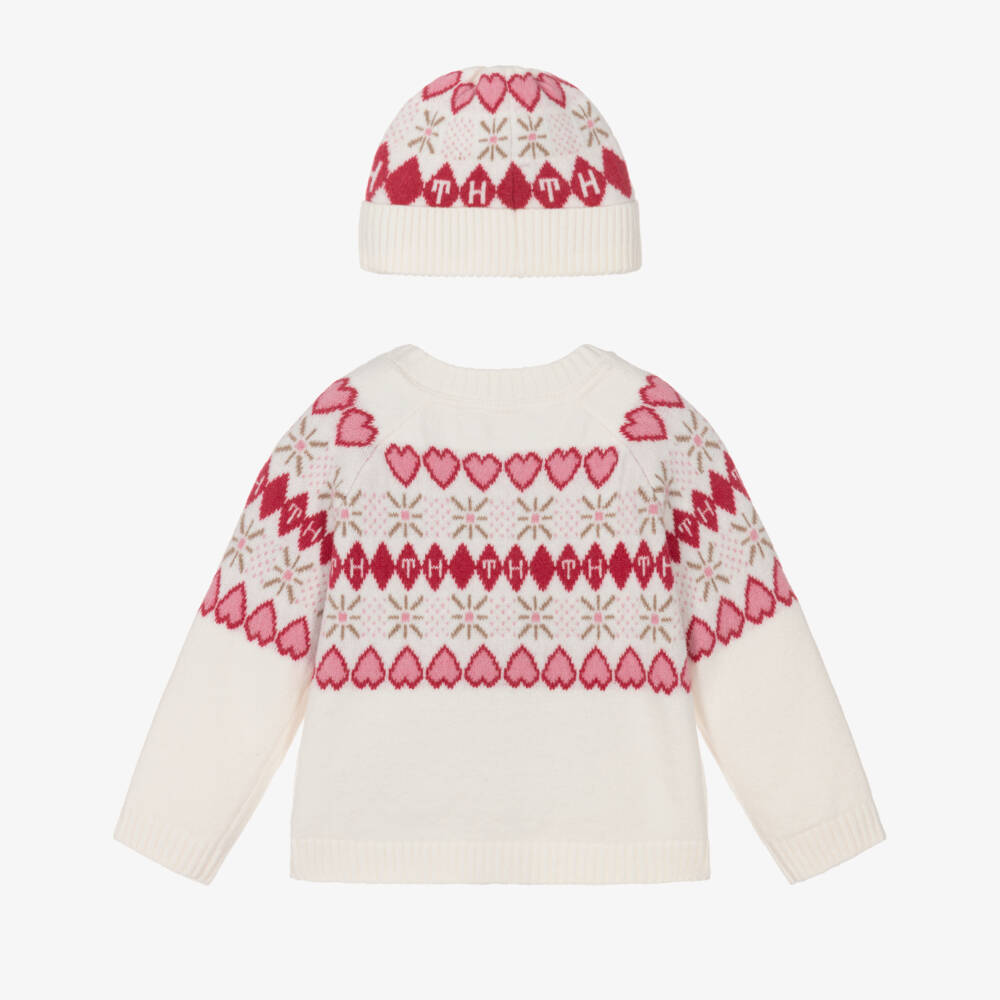 Tommy Hilfiger-Pink And White Knit Caridgan And Hat Set | Childrensalon Outlet
