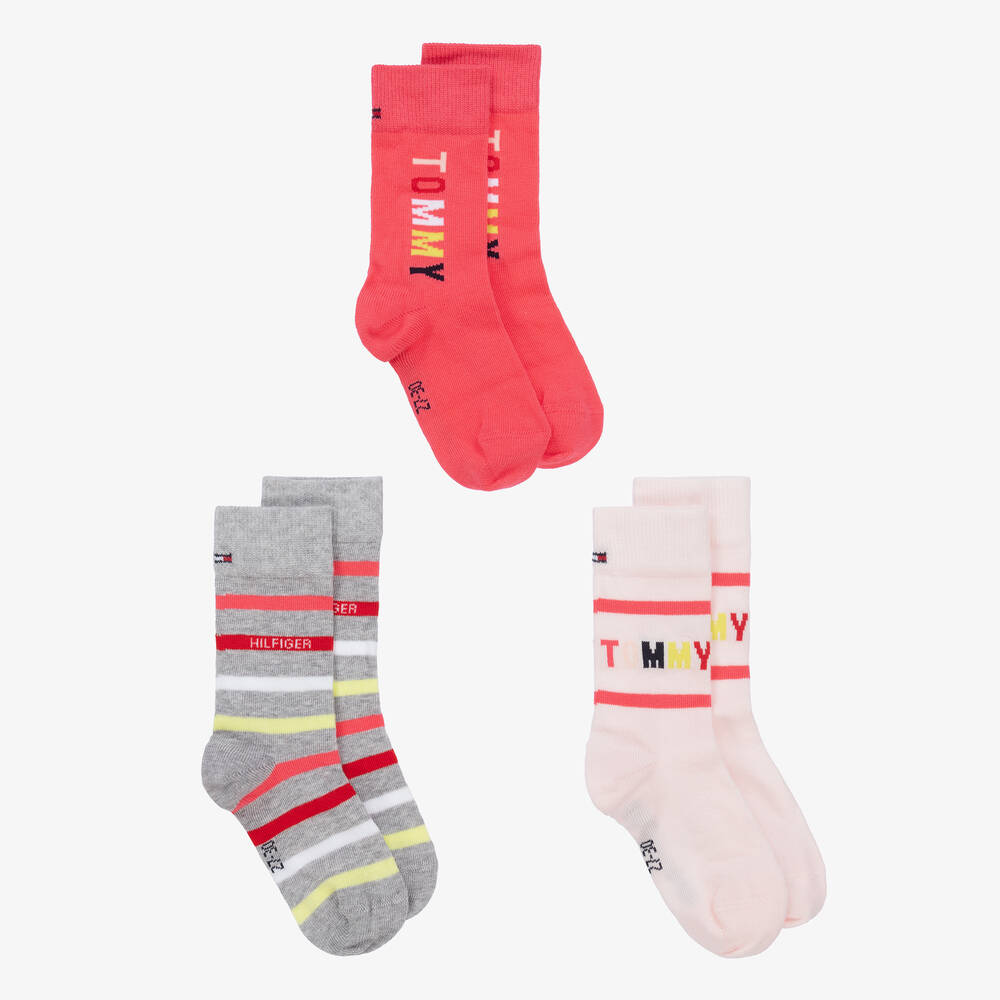 Tommy Hilfiger-Pink Cotton Logo Ankle Socks (3 Pack) | Childrensalon Outlet