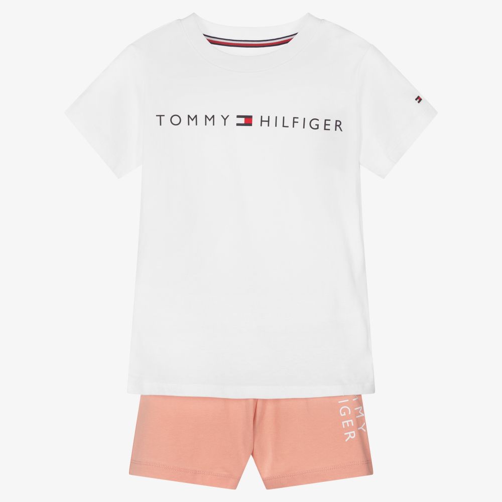 Tommy Hilfiger - بيجاما شورت قطن جيرسي لون زهري وأبيض للبنات | Childrensalon