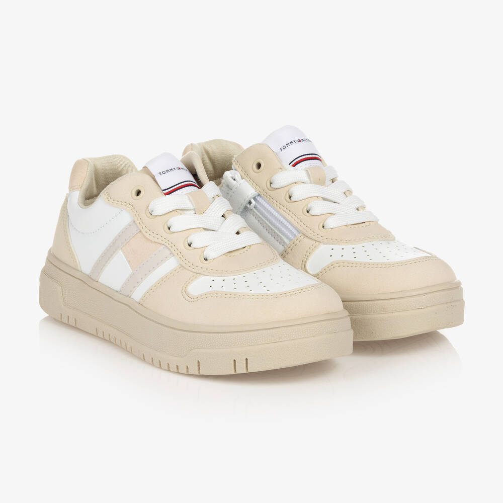 Tommy Hilfiger - Teen Beige & White Faux Leather Logo Trainers | Childrensalon