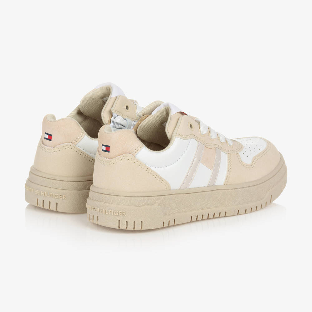 Tommy Hilfiger-Teen Beige & White Faux Leather Logo Trainers | Childrensalon Outlet