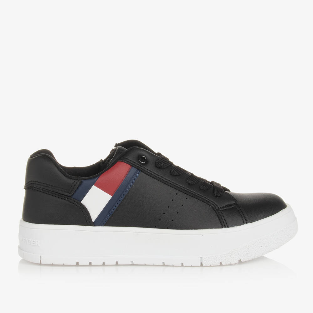 Tommy Hilfiger-Teen Black Faux Leather Flag Trainers | Childrensalon Outlet