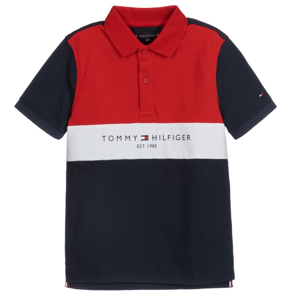Tommy Hilfiger - توب بولو قطن عضوي بيكيه لون كحلي، أحمر وأبيض | Childrensalon