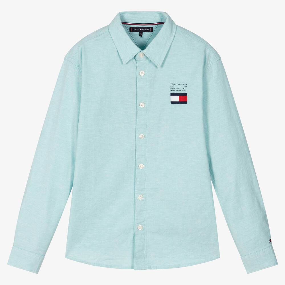 Tommy Hilfiger - قميص تينز ولادي قطن أكسفورد لون أزرق أكوا | Childrensalon
