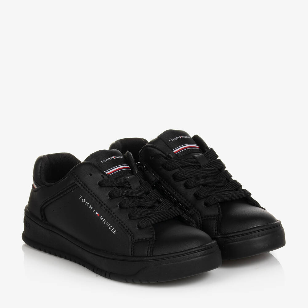 Tommy Hilfiger - Teen Boys Black Faux Leather Trainers | Childrensalon