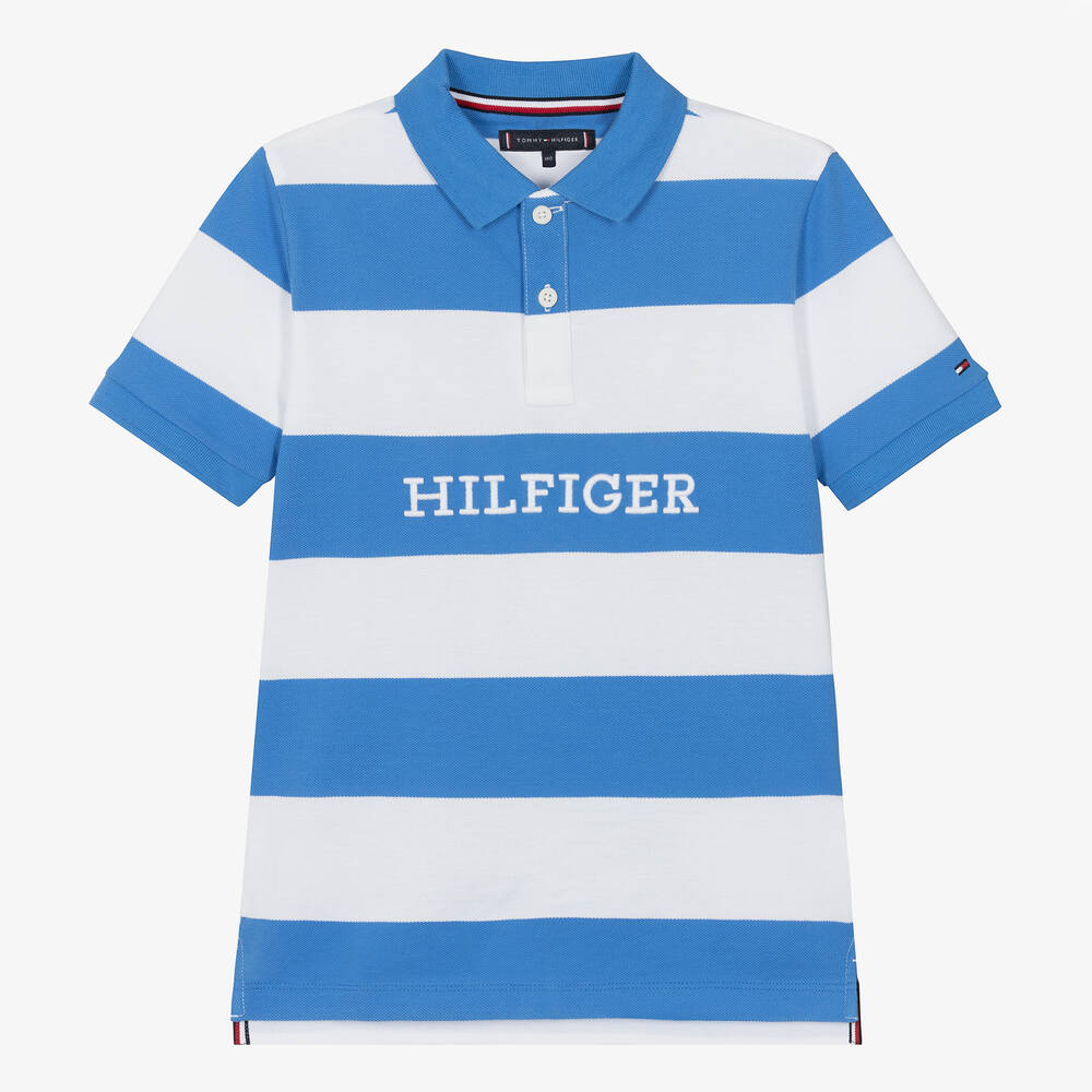 Tommy Hilfiger-Teen Boys Blue Cotton Striped Polo Shirt | Childrensalon Outlet
