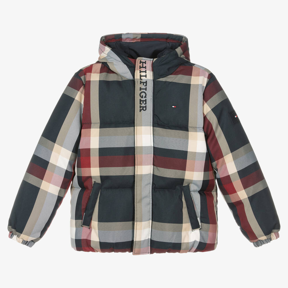 Tommy Hilfiger - Teen Boys Blue & Red Check Puffer Jacket | Childrensalon