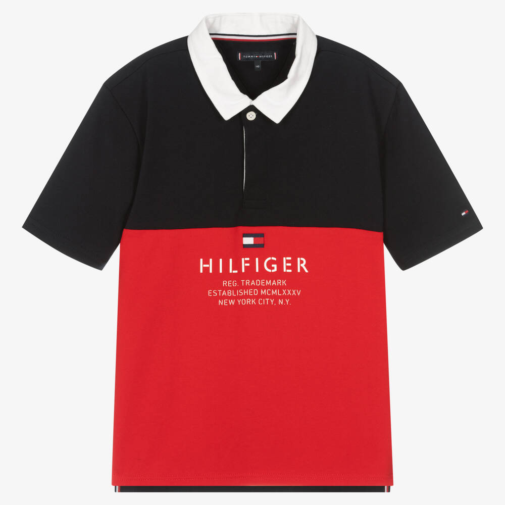 Tommy Hilfiger - توب بولو تينز ولادي قطن بيكيه لون كحلي وأحمر | Childrensalon