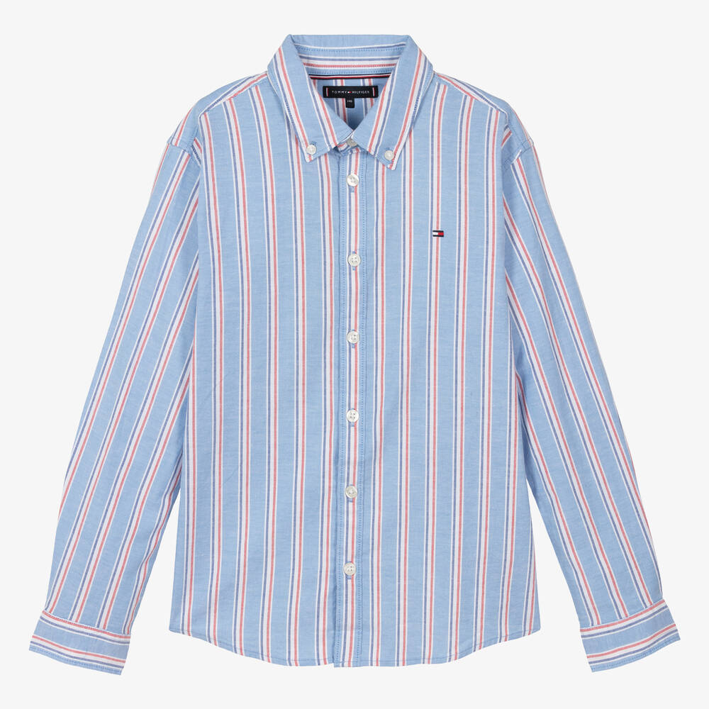 Tommy Hilfiger Teen Boys Blue Striped Cotton Shirt Childrensalon Outlet