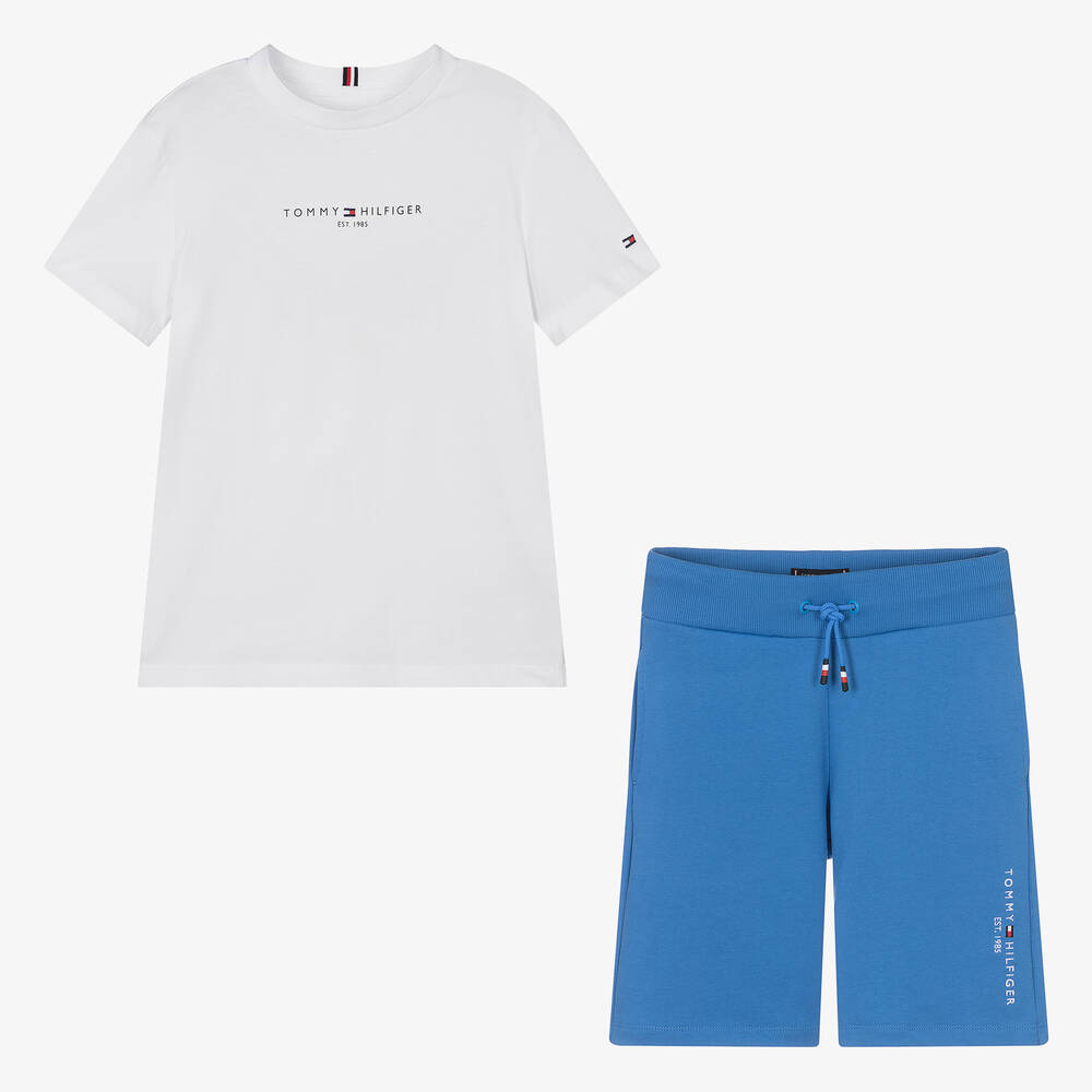Teen Boys Blue White Cotton Shorts Set