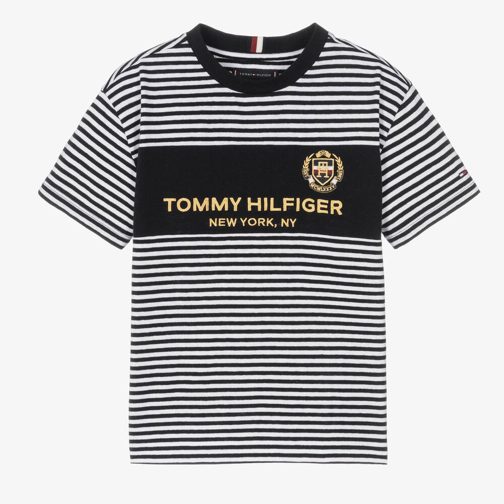 Tommy Hilfiger - تيشيرت تينز ولادي قطن وكتان لون أبيض وكحلي | Childrensalon