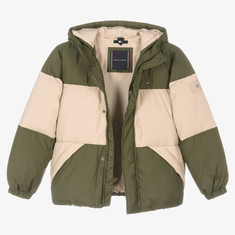 Tommy Hilfiger-Teen Boys Green & Beige Down Puffer Jacket | Childrensalon Outlet