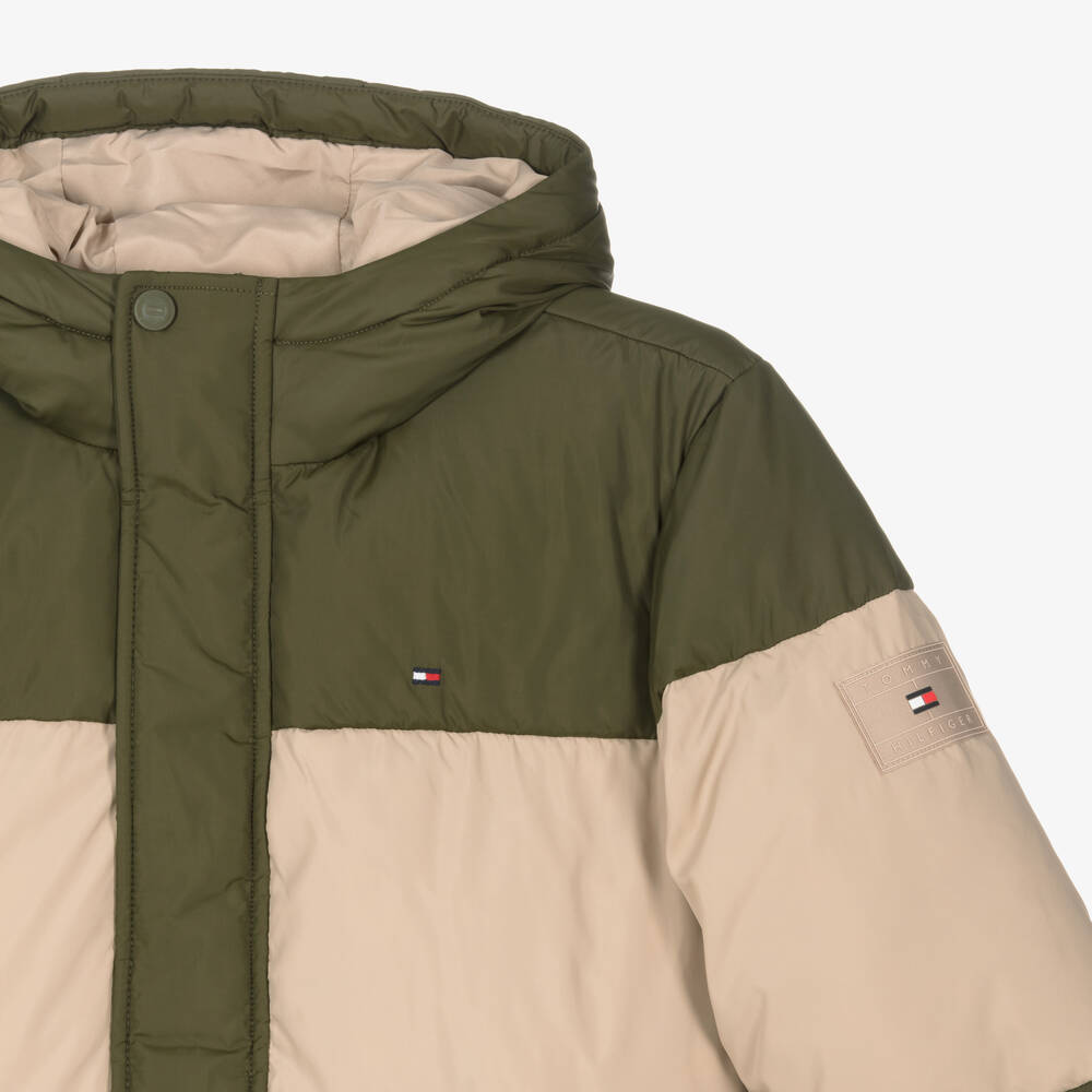 Tommy Hilfiger-Teen Boys Green & Beige Down Puffer Jacket | Childrensalon Outlet