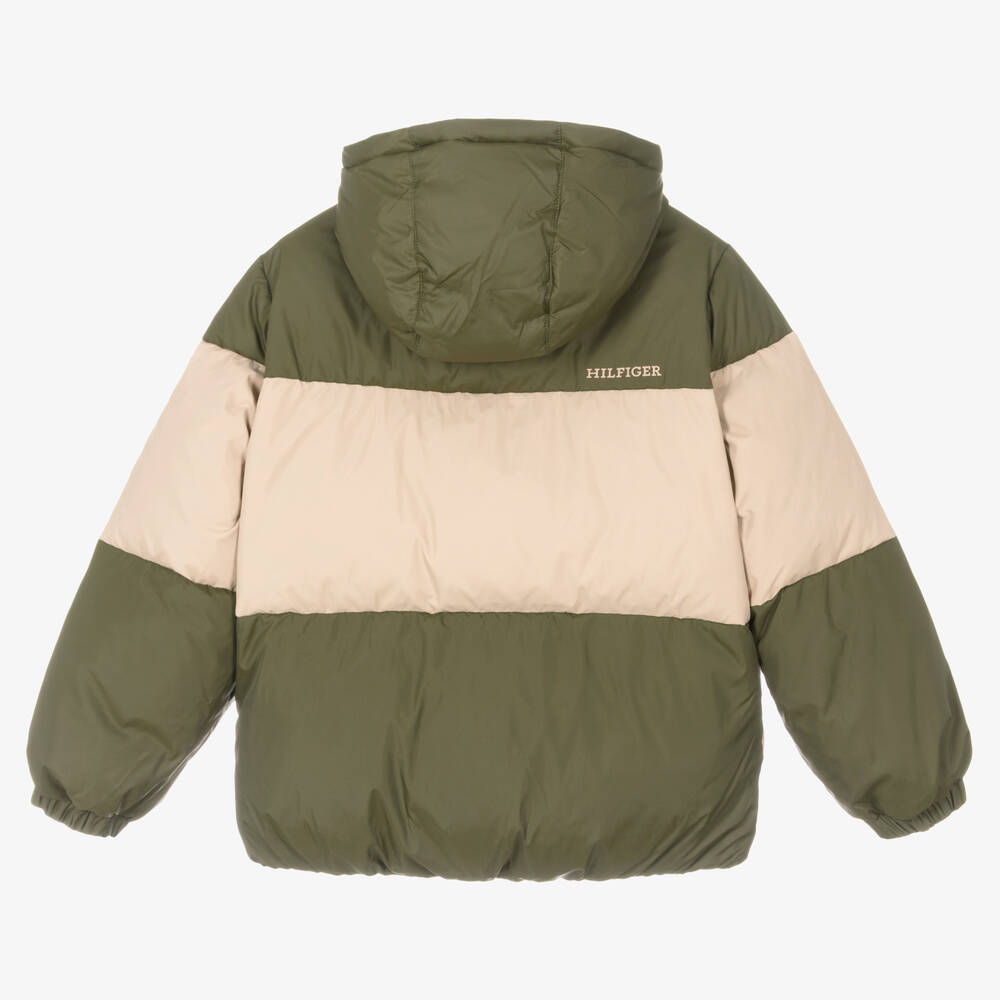 Tommy Hilfiger-Teen Boys Green & Beige Down Puffer Jacket | Childrensalon Outlet