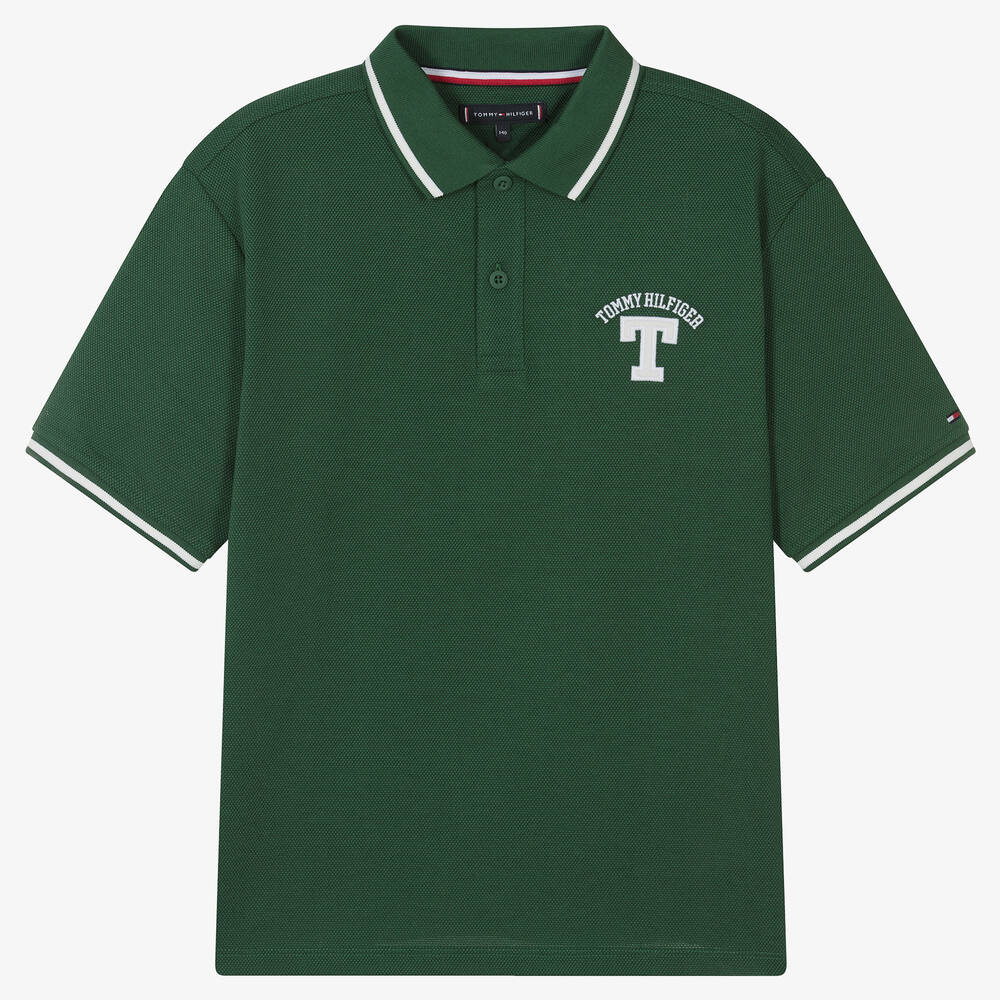 Tommy Hilfiger - توب بولو تينز ولادي قطن بيكيه لون أخضر | Childrensalon