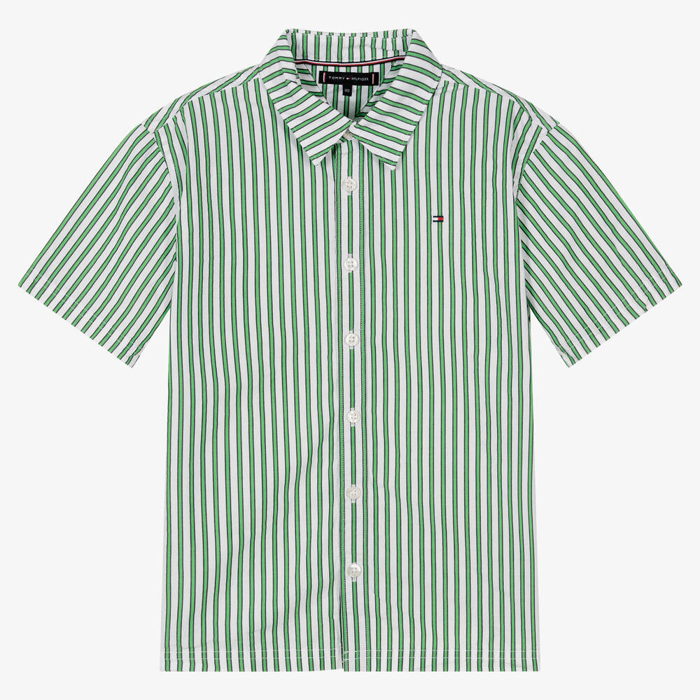 Tommy Hilfiger - قميص تينز ولادي قطن بوبلين مقلم لون أخضر وأبيض | Childrensalon