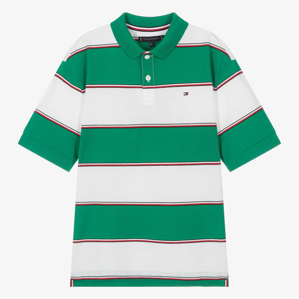 Tommy Hilfiger-Teen Boys Green Striped Cotton Polo Shirt | Childrensalon Outlet