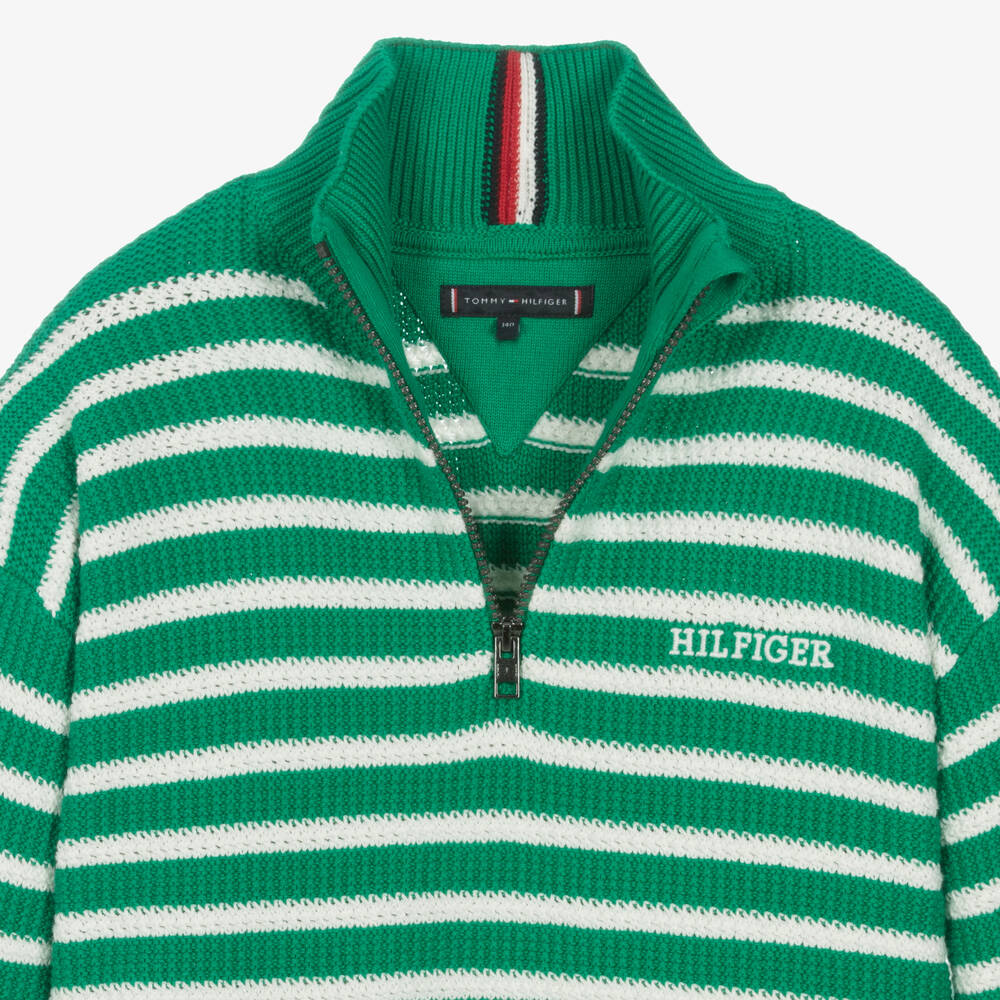 Tommy Hilfiger Teen Boys Green Striped Cotton Sweater Childrensalon Outlet