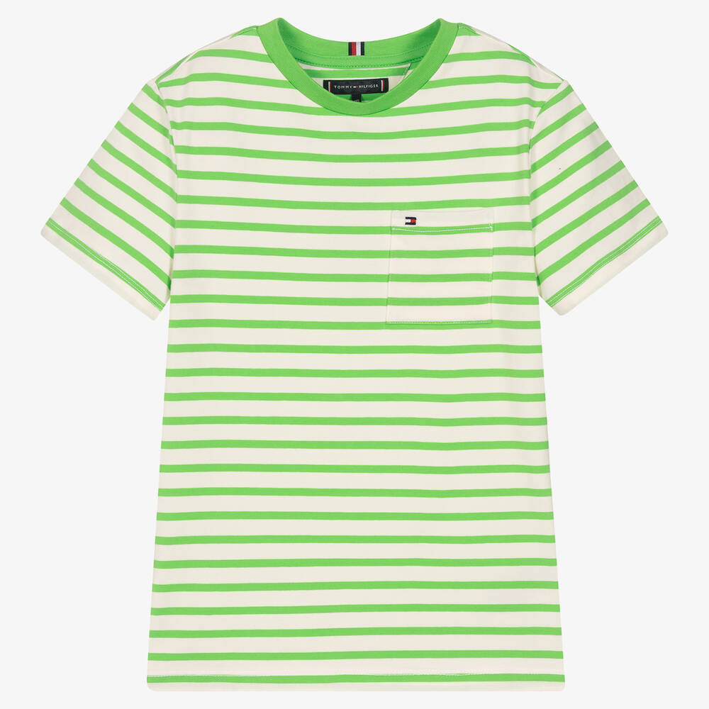 Tommy Hilfiger - Teen Boys Green & White Striped T-Shirt | Childrensalon